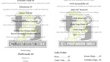 Tj's Pau Hana Hale menu