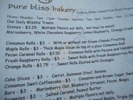 Pure Bliss Bakery menu