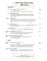 Sap's Fine Thai Cuisine menu