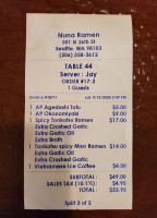 Nuna Ramen menu