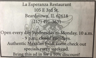 La Esperanza And Banquet Hall menu