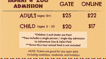 Aggieland Wild Animal Safari menu