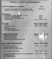 Tierra Mia Coffee menu