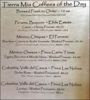 Tierra Mia Coffee menu