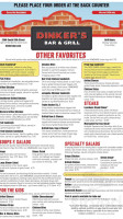 Dinker's Bar and Grill menu