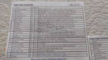 Thames Street Oyster House menu